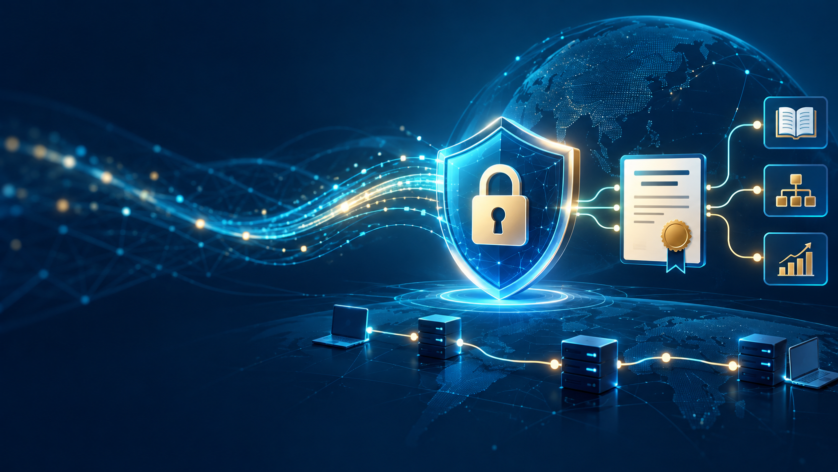SSL/TLSの暗号化通信、証明書、学習ロードマップを表すイラスト