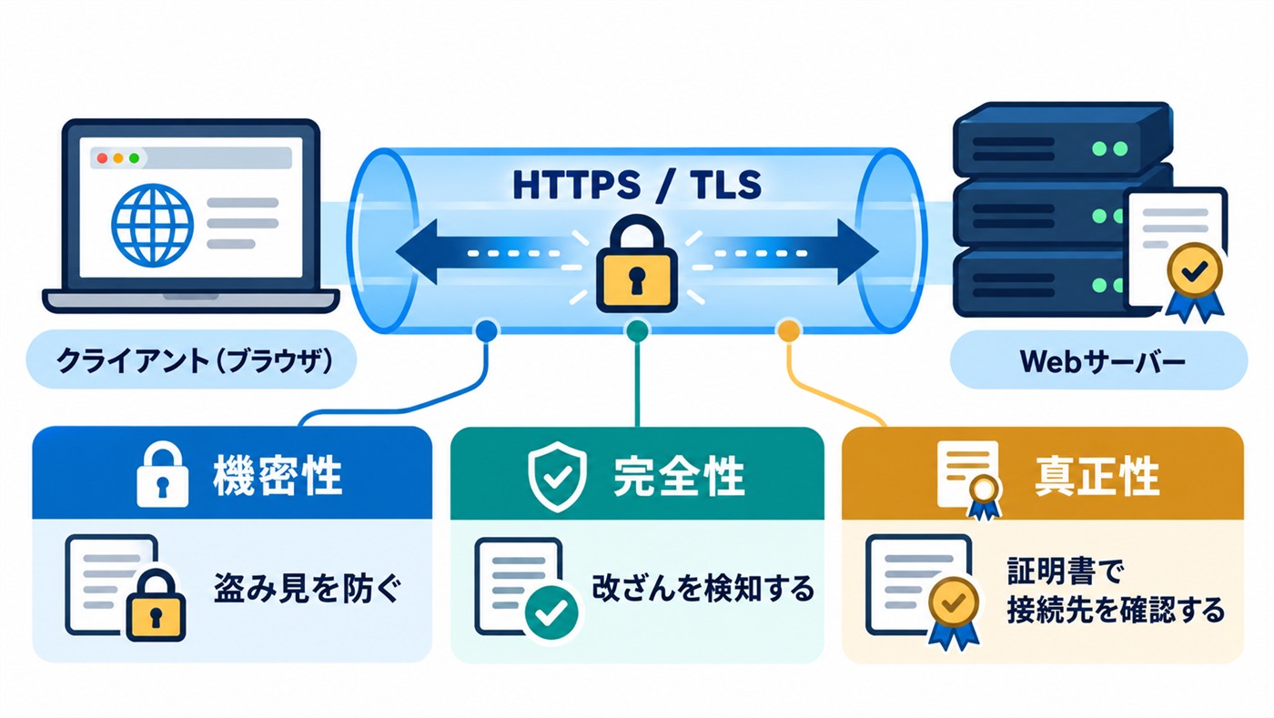 ブラウザとWebサーバー間のHTTPS/TLS通信と、機密性・完全性・真正性の3つの性質を示す図解